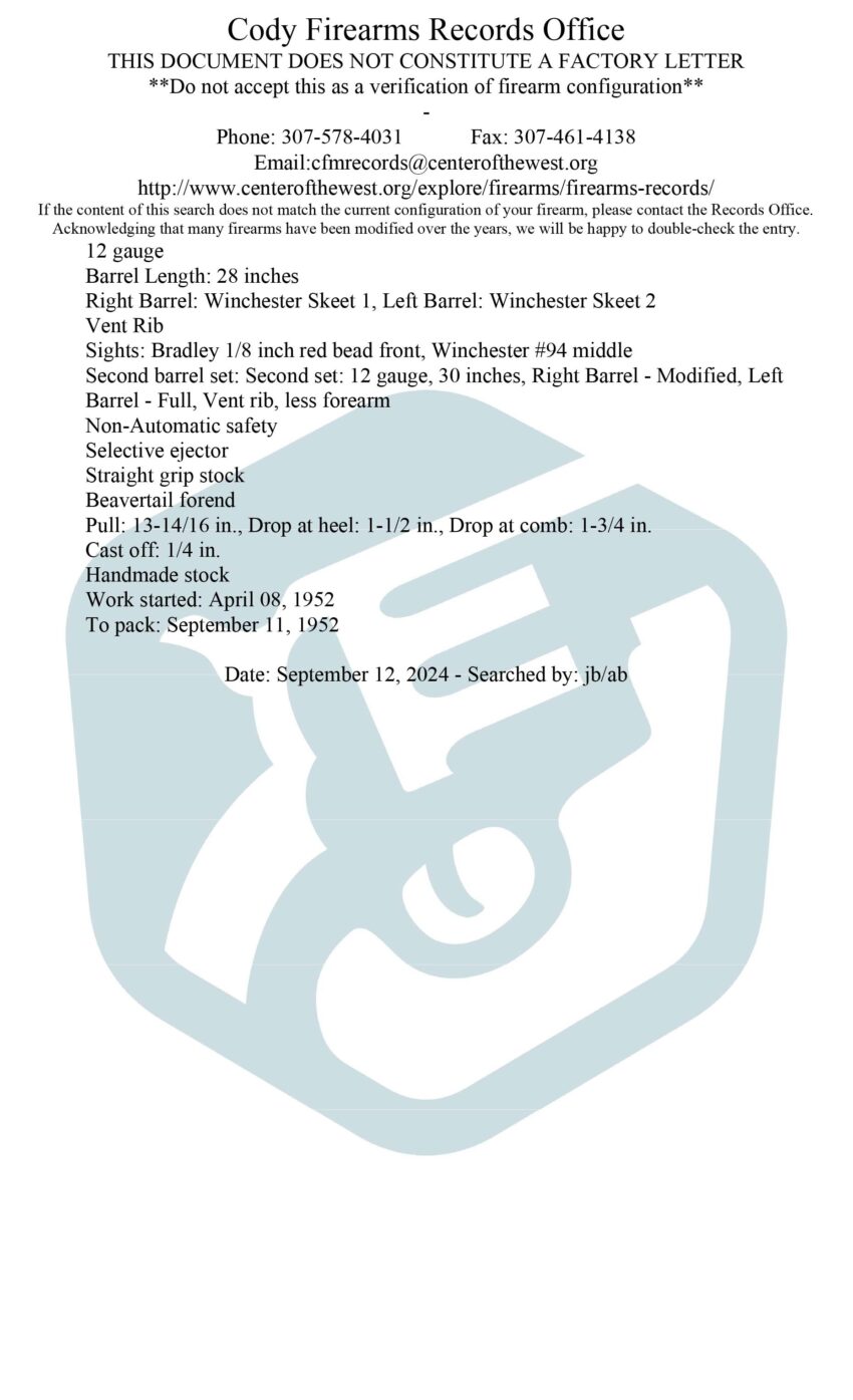 Winchester Model 21 - CODY LETTER, 2 BARRELS, PROVENANCE